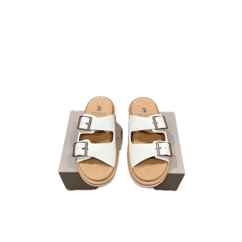 Brunello Cucinelli Double-Button Minimalist-Style White Slide Sandals