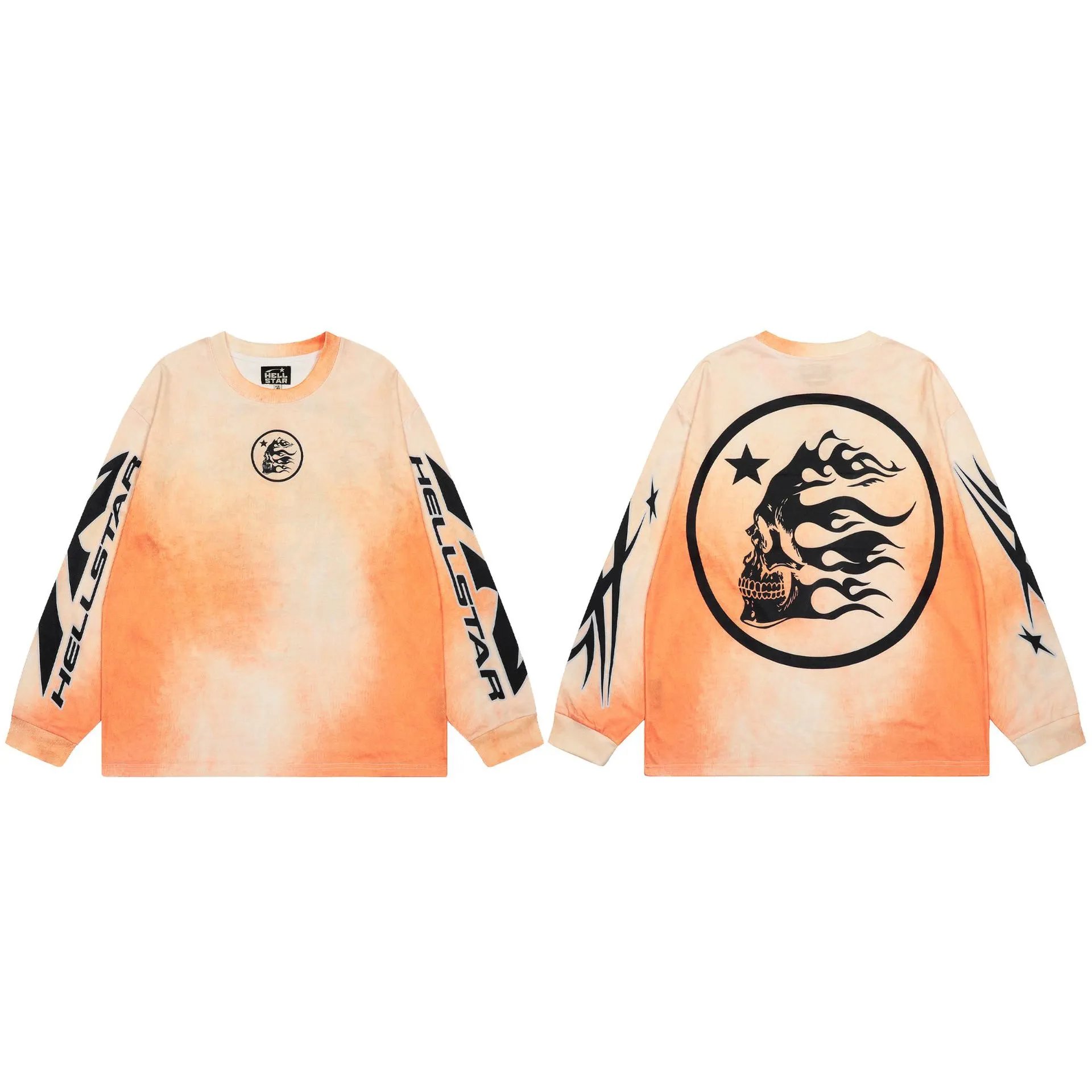 Hellstar Skeleton Flame Street Style Orange-dyed Long Sleeve T-Shirt