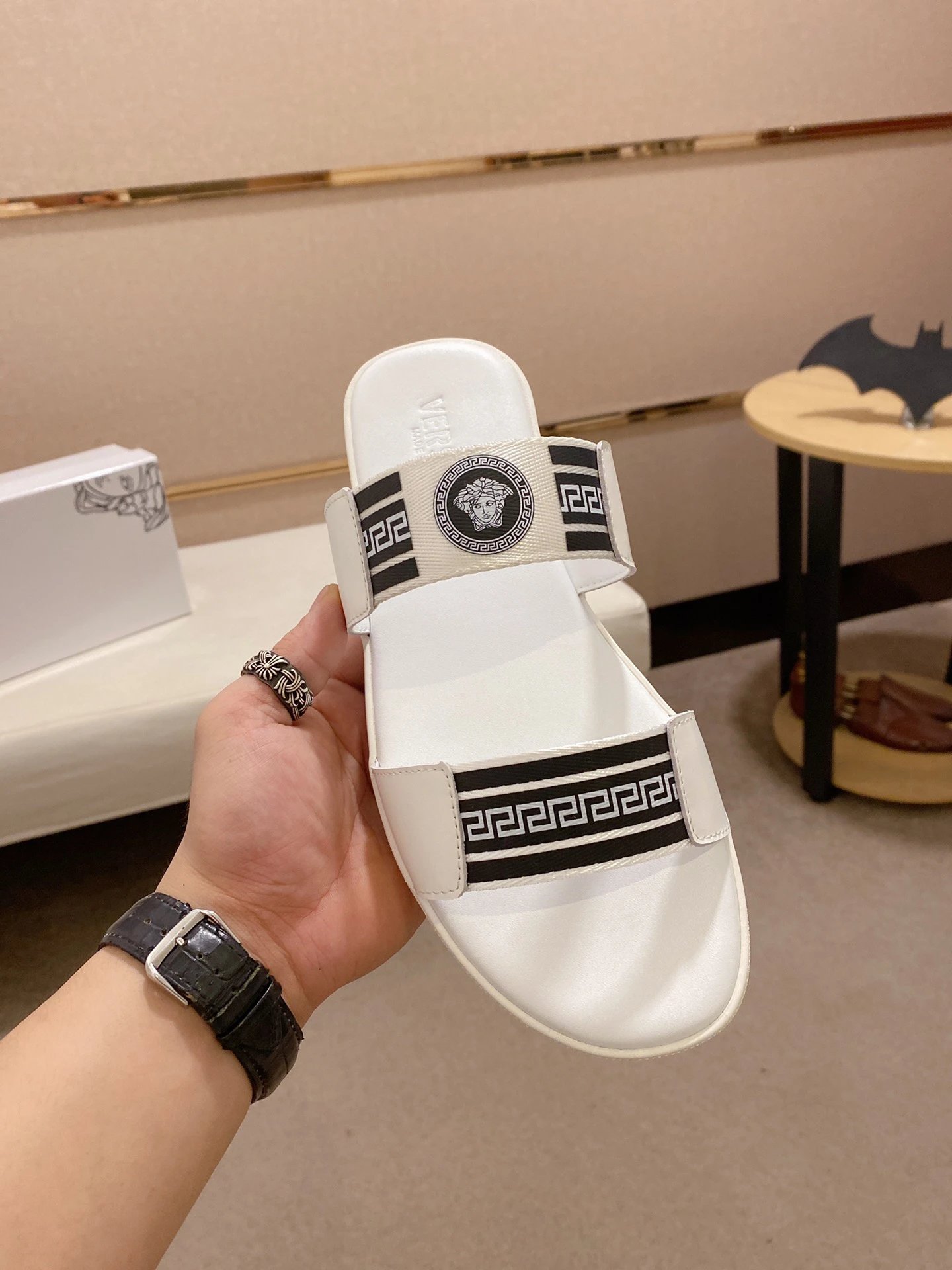 Versace Medusa Greek Key Trendy White Slide Sandals