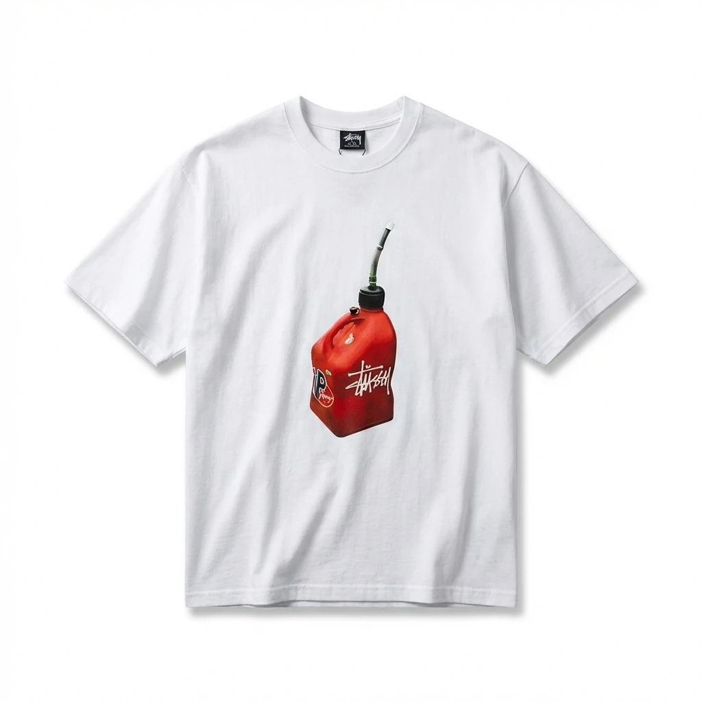 Stussy white T-shirt with red oil barrel print