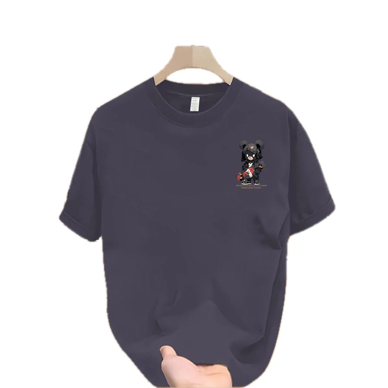 Gray-Blue Guochao Techwear Street Style T-Shirt with Bear Print