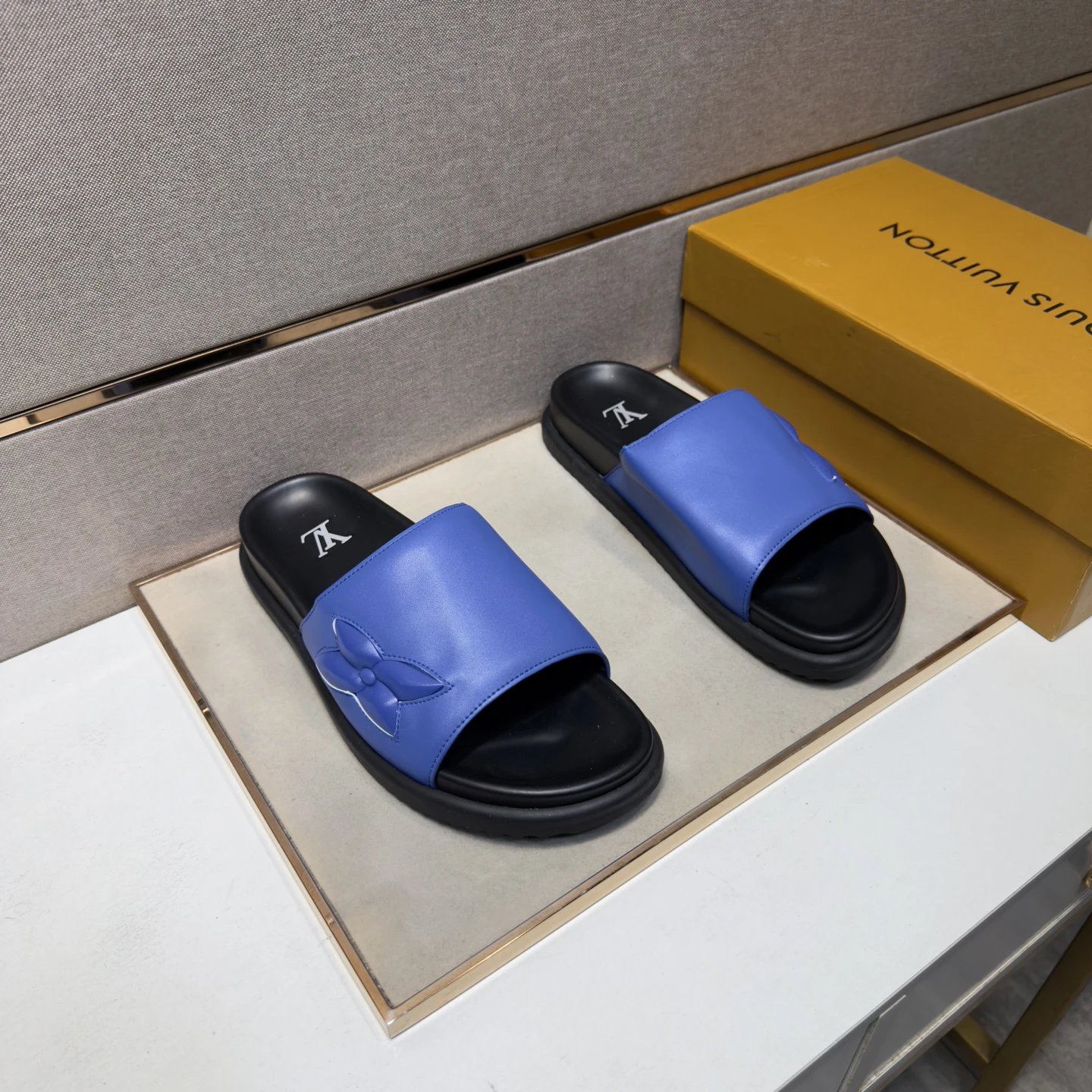 Louis Vuitton Monogram Light Luxury Style Blue Slides