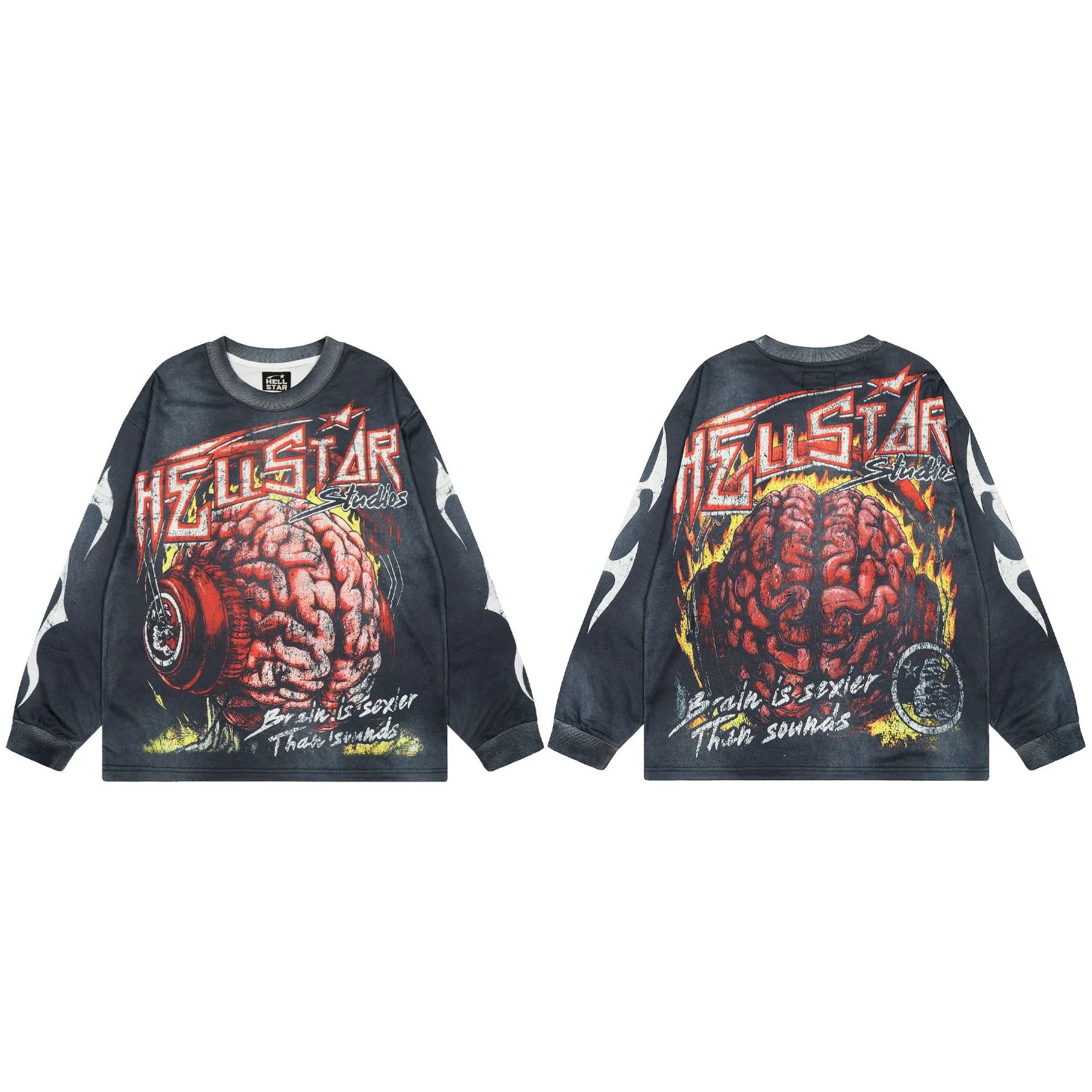 Hellstar Brain Print Street Style Charcoal Black Long-Sleeve T-Shirt