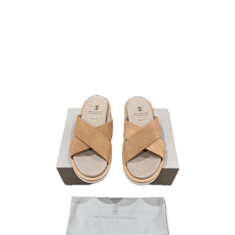 Brunello Cucinelli Casual-style Camel Cross-strap Slide Sandals
