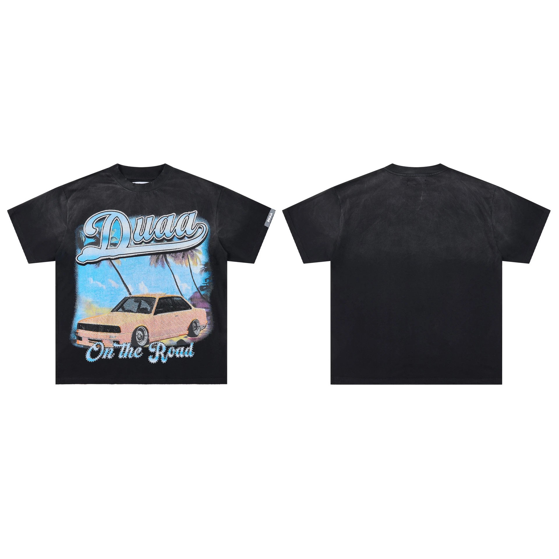 DUAA Road Sports Car American Retro Distressed Black T-Shirt