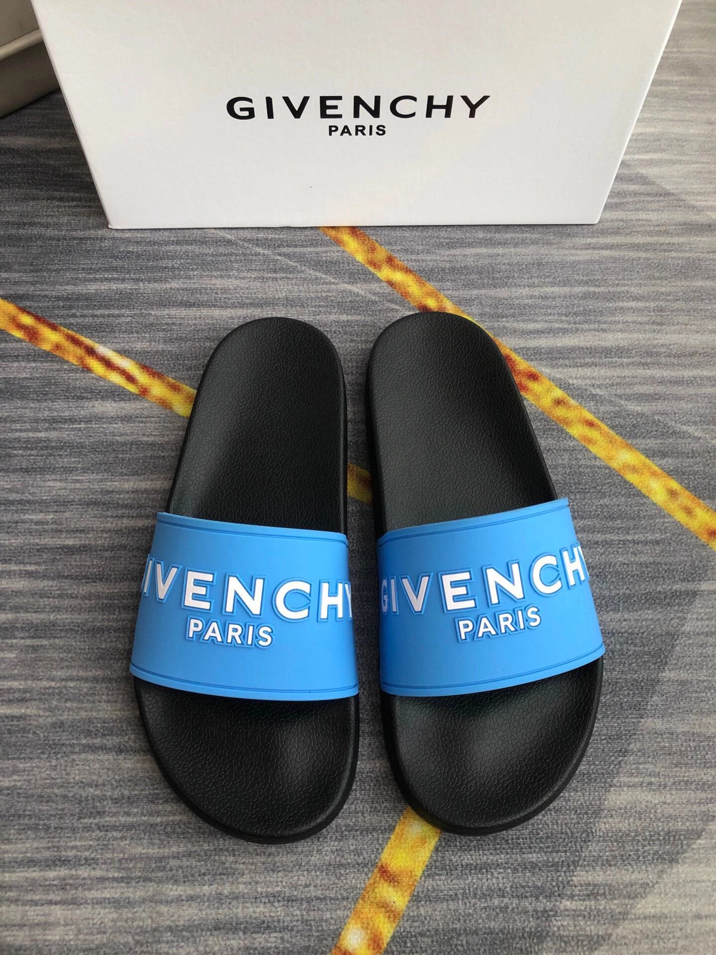 Givenchy Letter Print Streetwear Style Blue and Black Slides