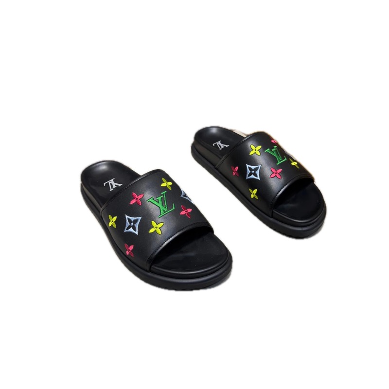 Louis Vuitton Colorful Embroidered Monogram Trendy Black Slides