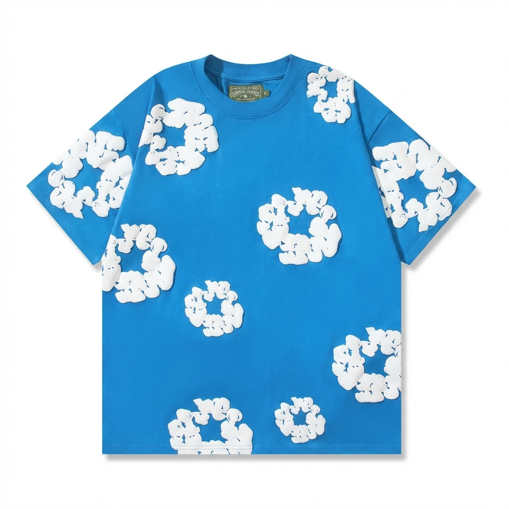 DENIM TEARS Three-dimensional Flower Blue Short-sleeve Shirt