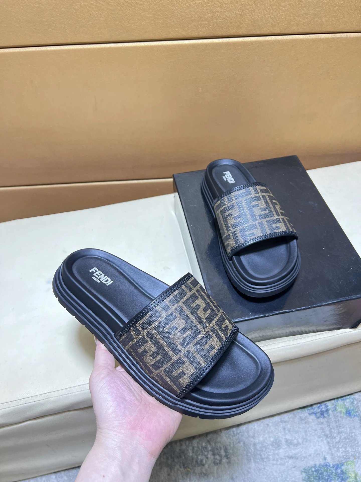 Fendi FF Monogram Vintage-style Brown and Black Slippers