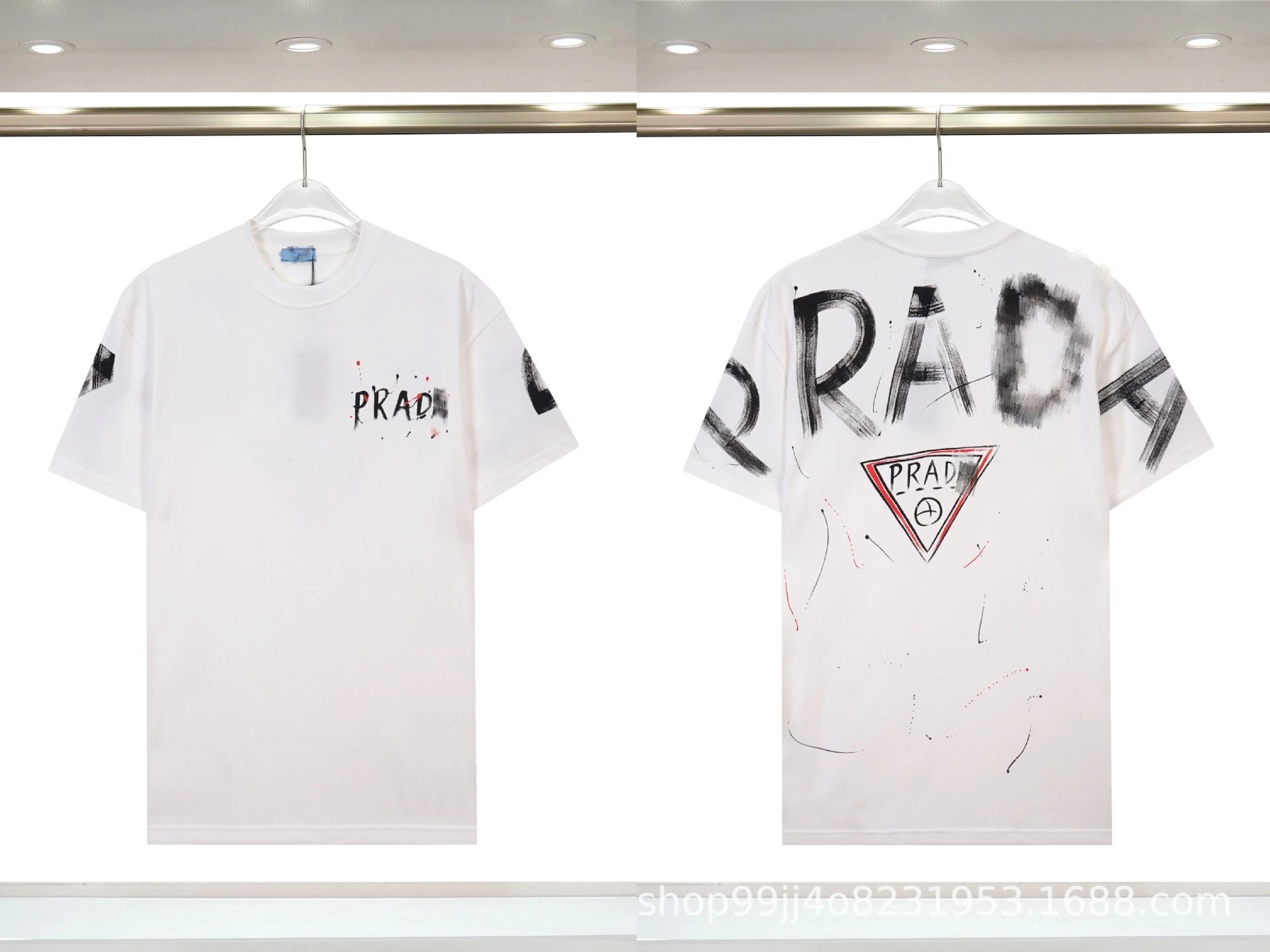 Prada Triangle Logo Graffiti Street Style White Short-sleeve T-shirt