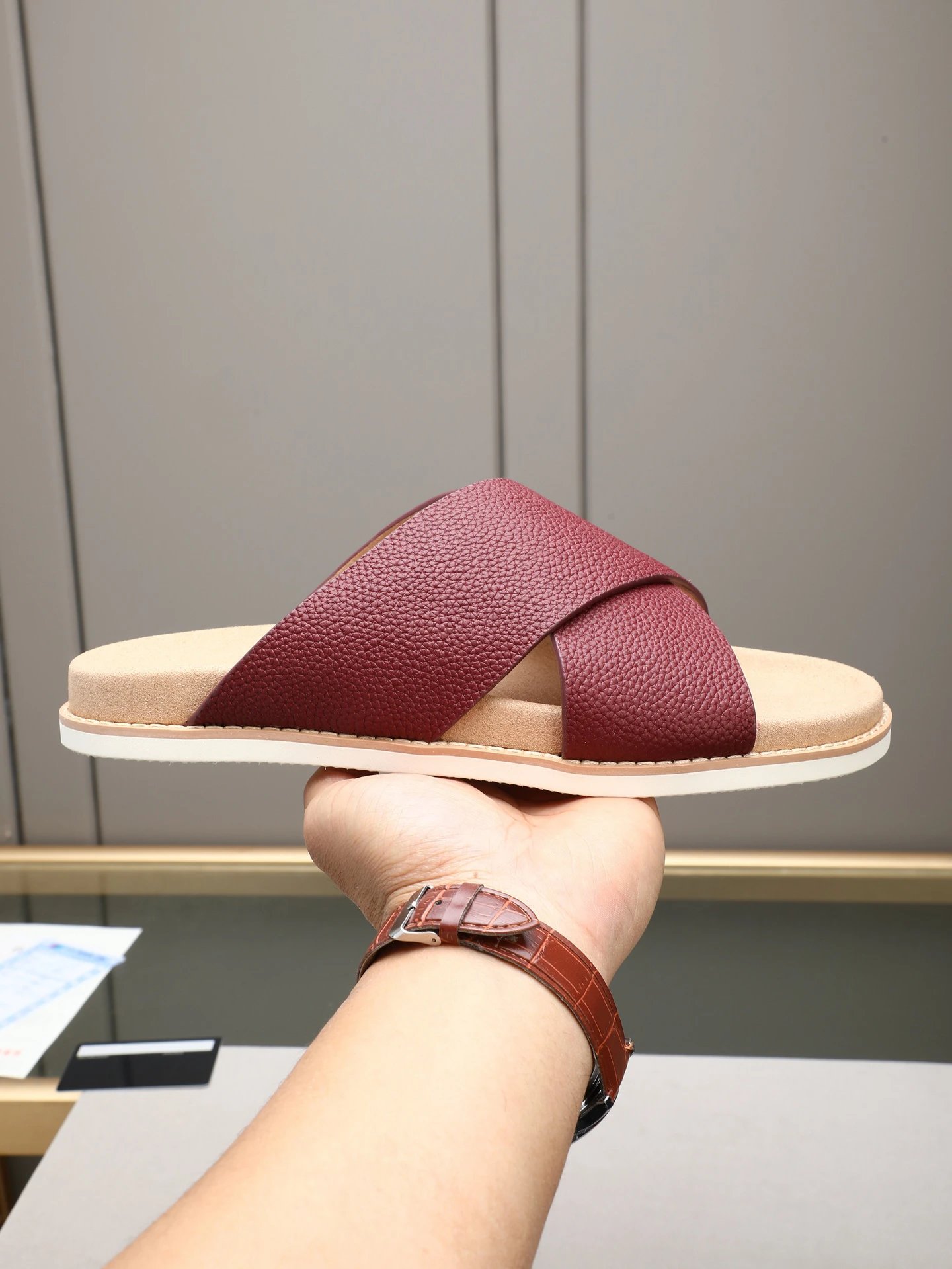 Brunello Cucinelli Casual Style Burgundy Genuine Leather Slides