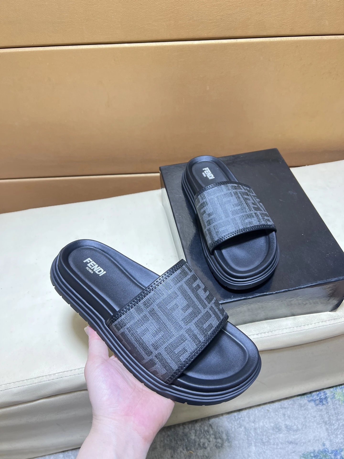 Fendi FF Monogram Casual Black Slide Sandals