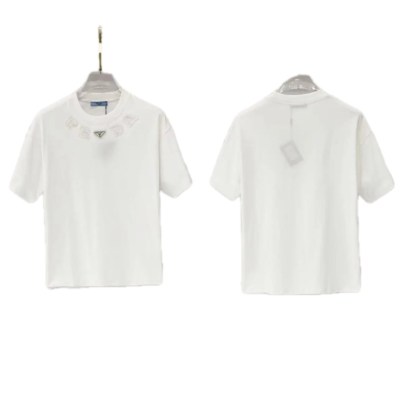 Prada Embroidered Minimalist Style White Short-sleeved T-shirt