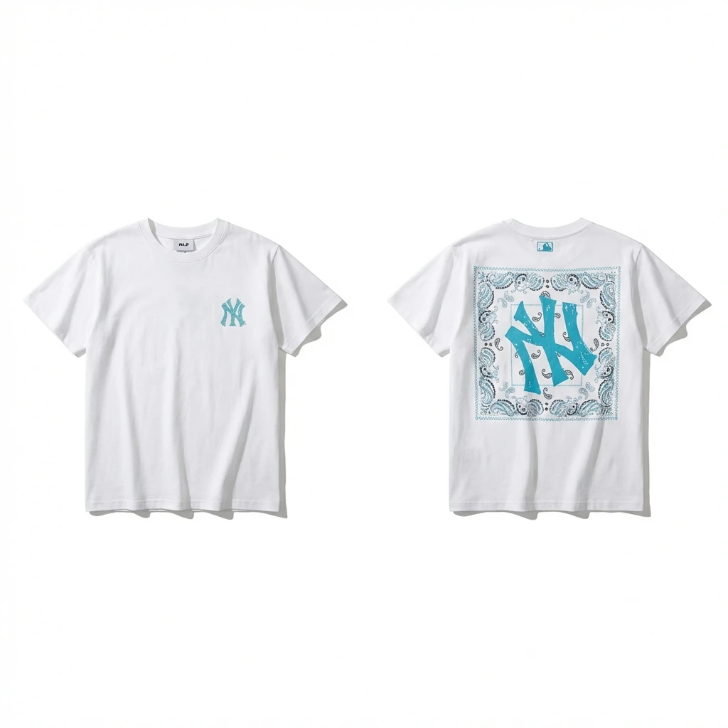 MLB retro-style white T-shirt with cashew flower pattern
