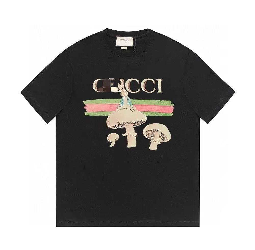 Gucci Mushroom Rabbit Print Vintage Style Black T-Shirt
