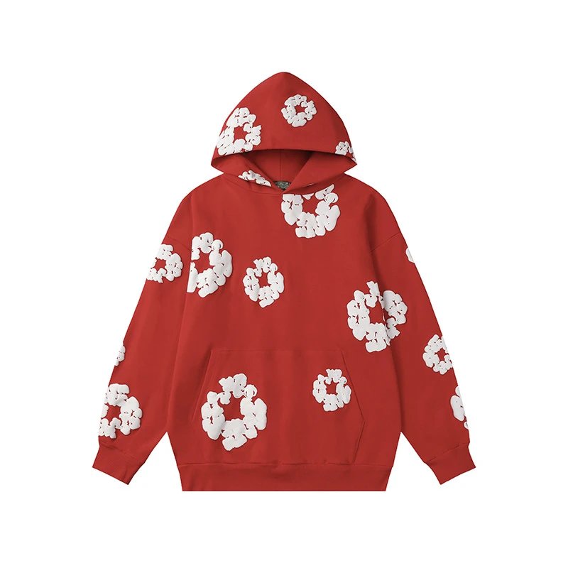 Red Flower Print Hoodie Daily Layer
