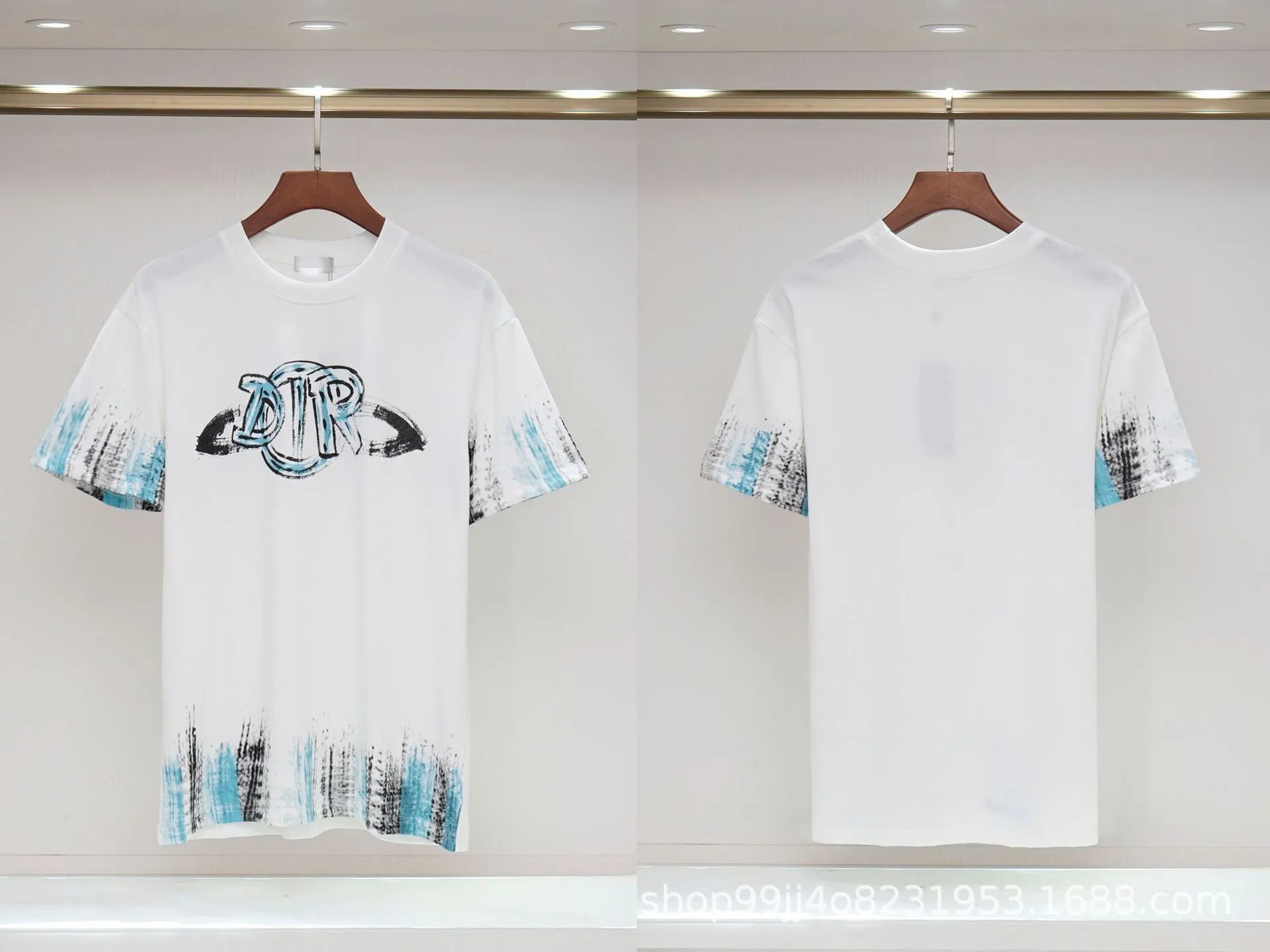 Dior Graffiti Collection Street Style White and Blue Short-sleeve T-shirt