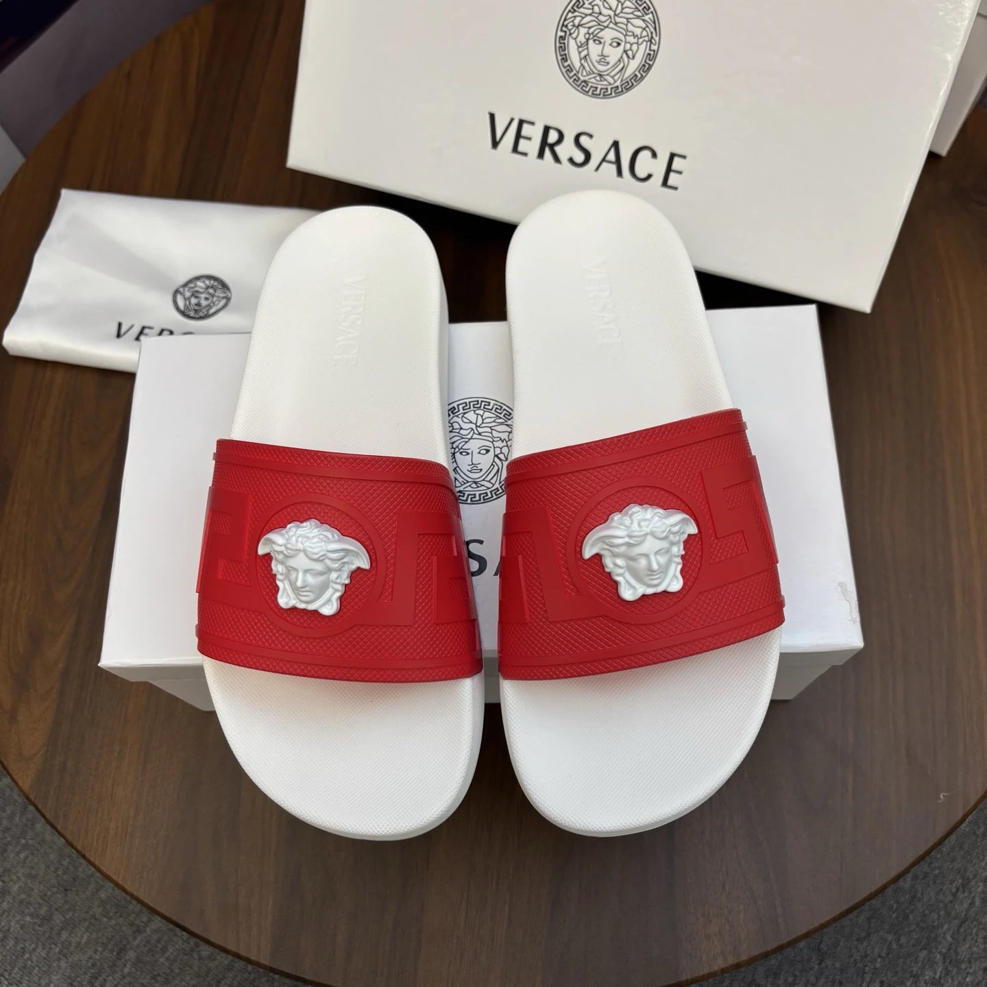 Versace Medusa Trendy Luxury Style Red and White Slide Sandals