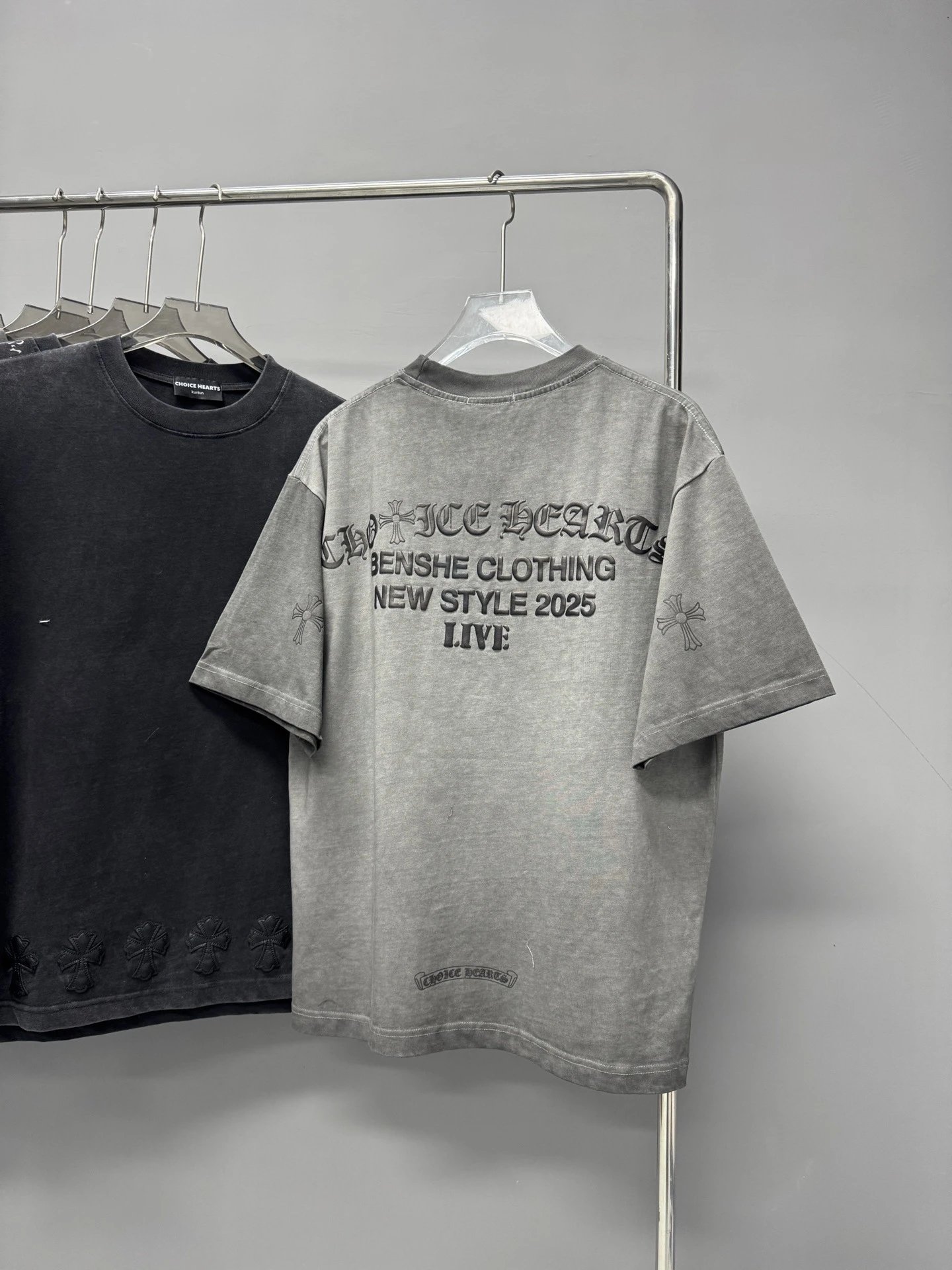 Chrome Hearts Cross Print Vintage Street Style Grey Short-Sleeve T-Shirt