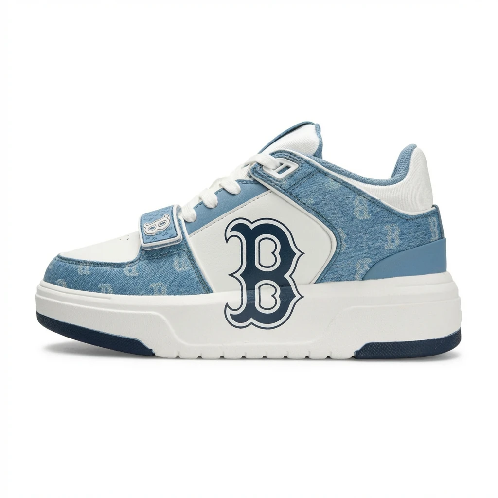 MLB denim-style blue and white sneakers