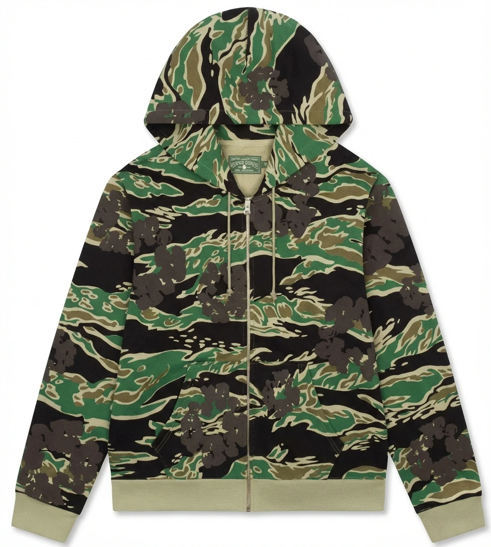 DENIM TEARS camouflage-style green and black hoodie
