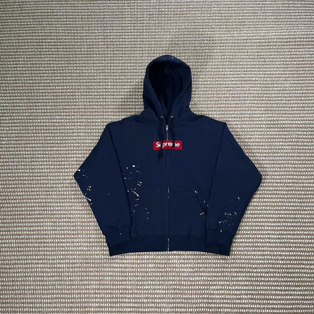 Supreme Navy Speckled Red Logo Hoodie