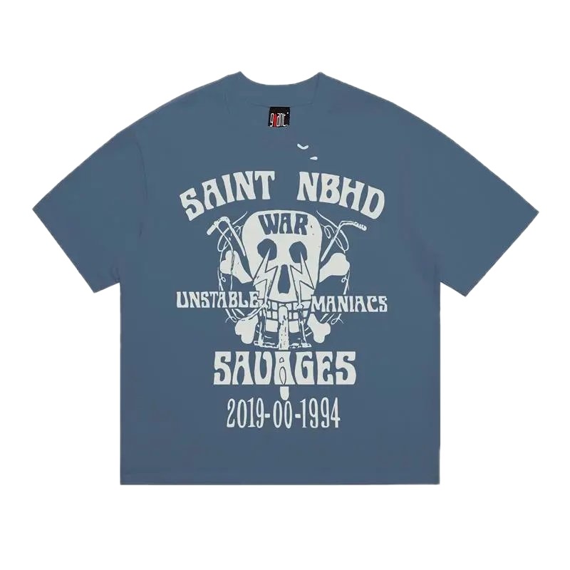 SAINT Skull Print Vintage Grey-Blue Short Sleeve T-Shirt