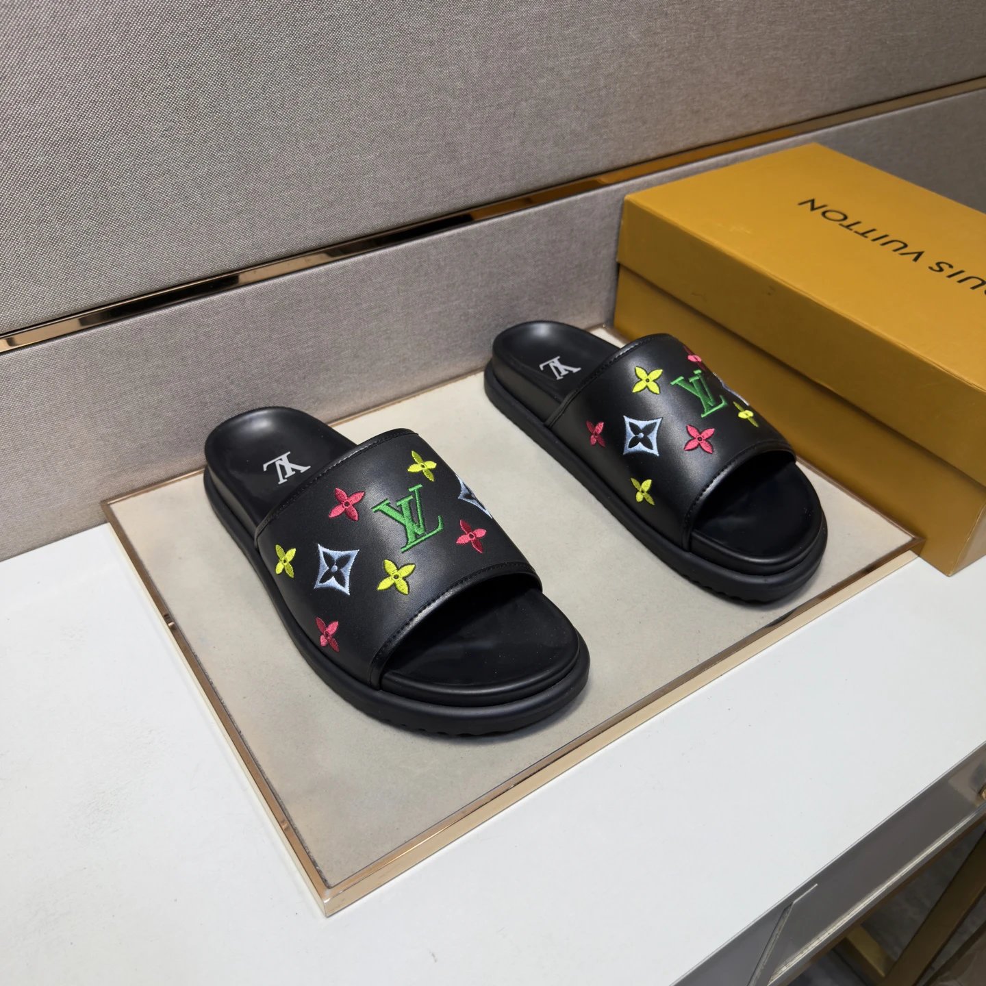 Louis Vuitton Colorful Embroidered Monogram Trendy Black Slides