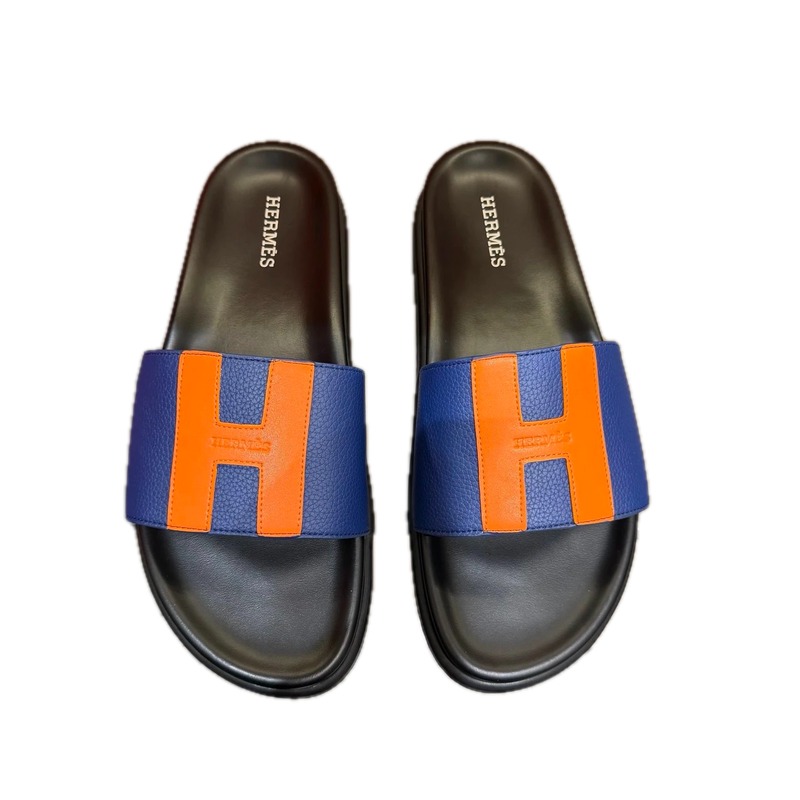 Hermès H Series Minimalist Style Blue and Orange Colorblock Slide Sandals