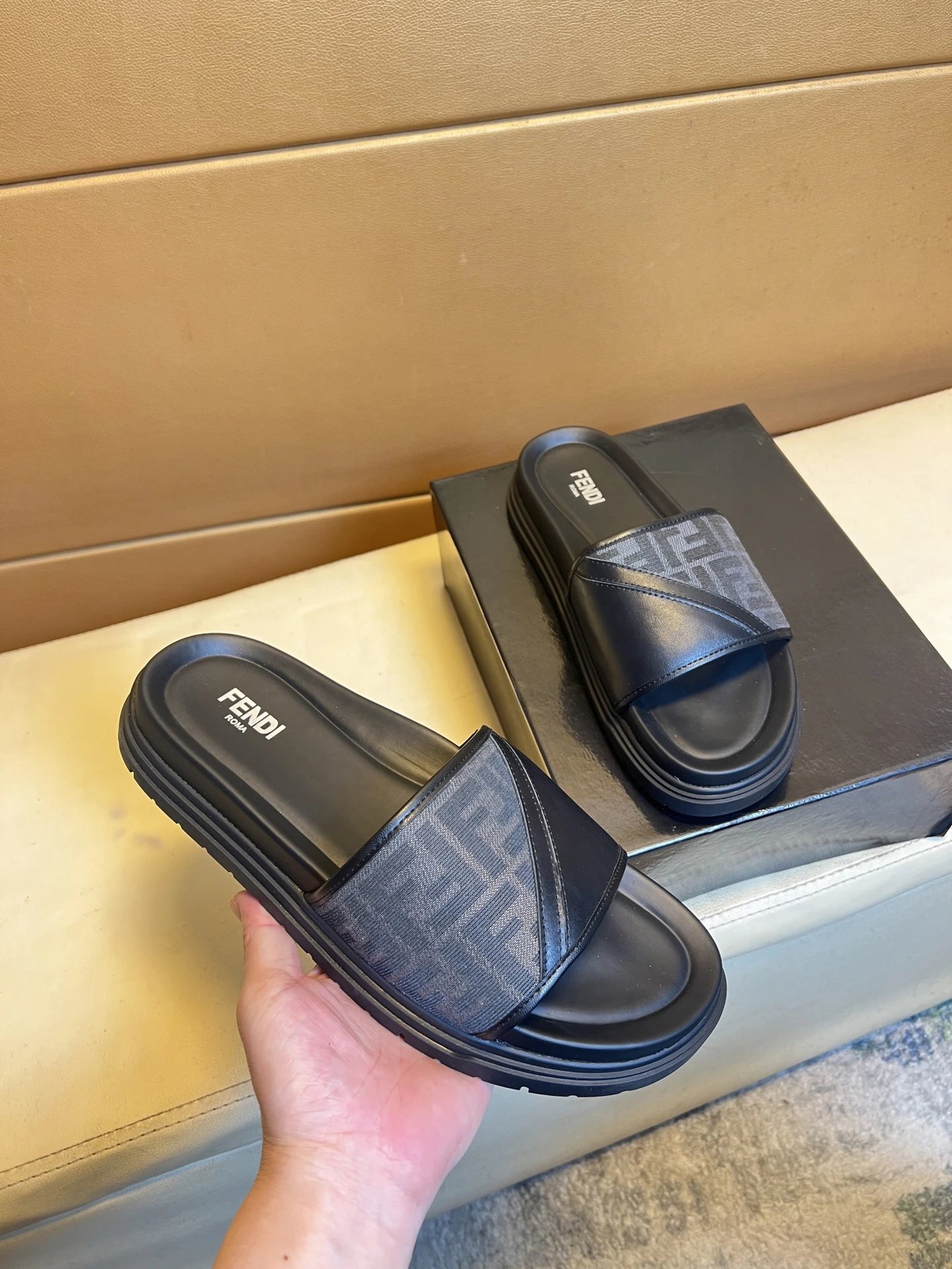 Fendi FF Monogram Casual Black Slide Sandals
