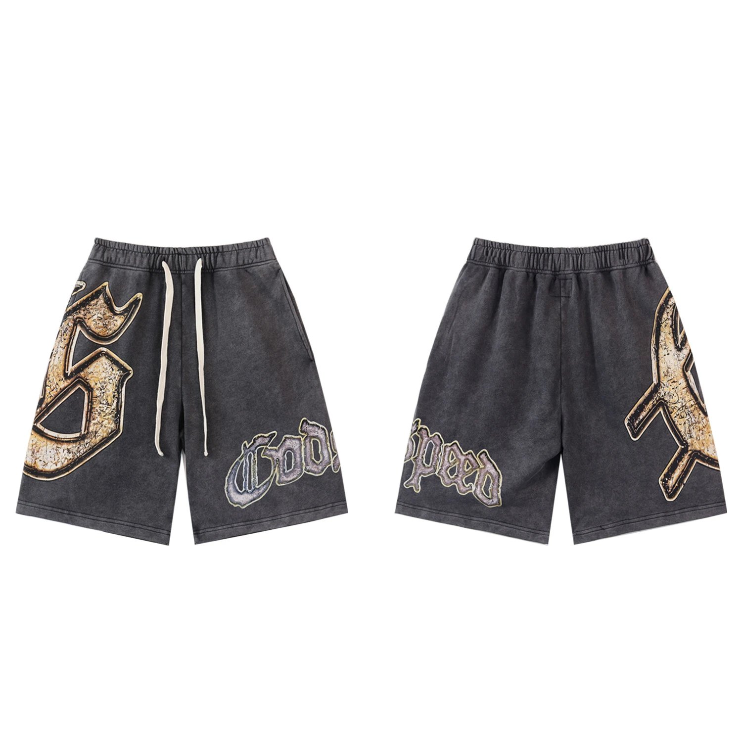 Godspeed Gothic Print Vintage Charcoal Gray Shorts