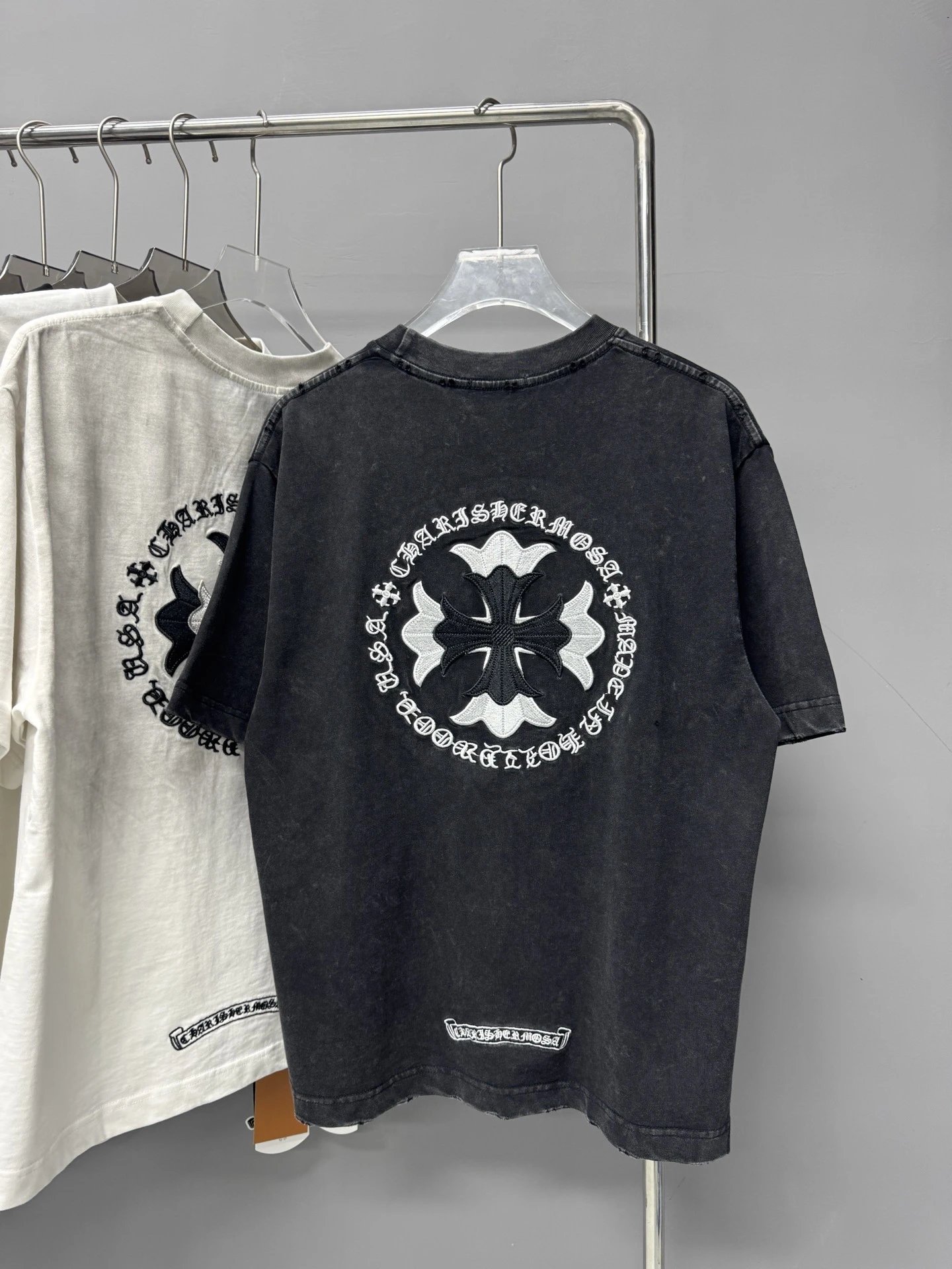 Chrome Hearts Cross Embroidered Vintage Distressed Black T-Shirt