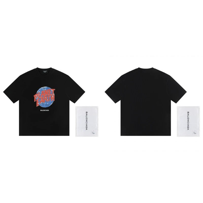 Balenciaga Trendy Black Short-sleeve T-shirt with Earth Print