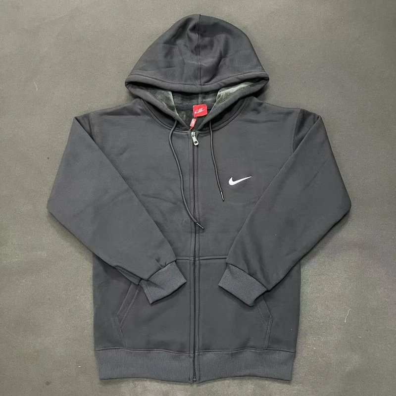 Nike Zip-Front Design Charcoal Black Zip Hoodie Travel Styling Swoosh
