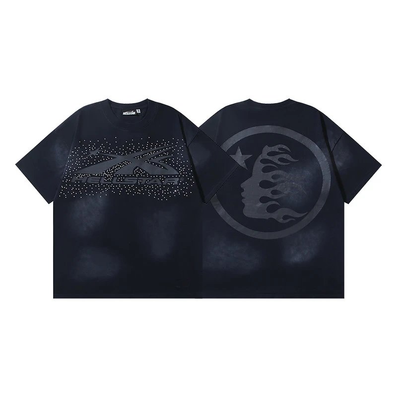 Hellstar Rhinestone Embellished Street Style Black Short Sleeve T-shirt
