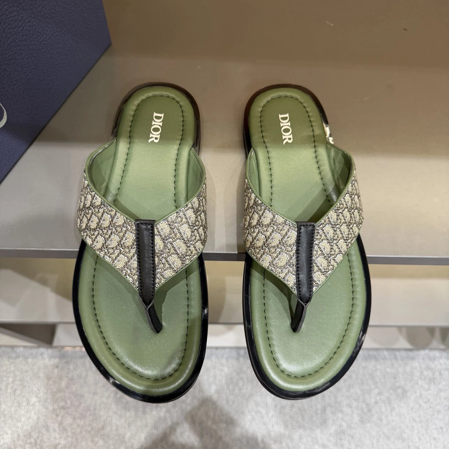 Dior Monogram Light Luxury Style Army Green Flip Flops