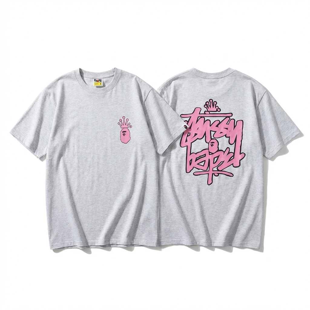 Bape pink graffiti-style short-sleeve shirt