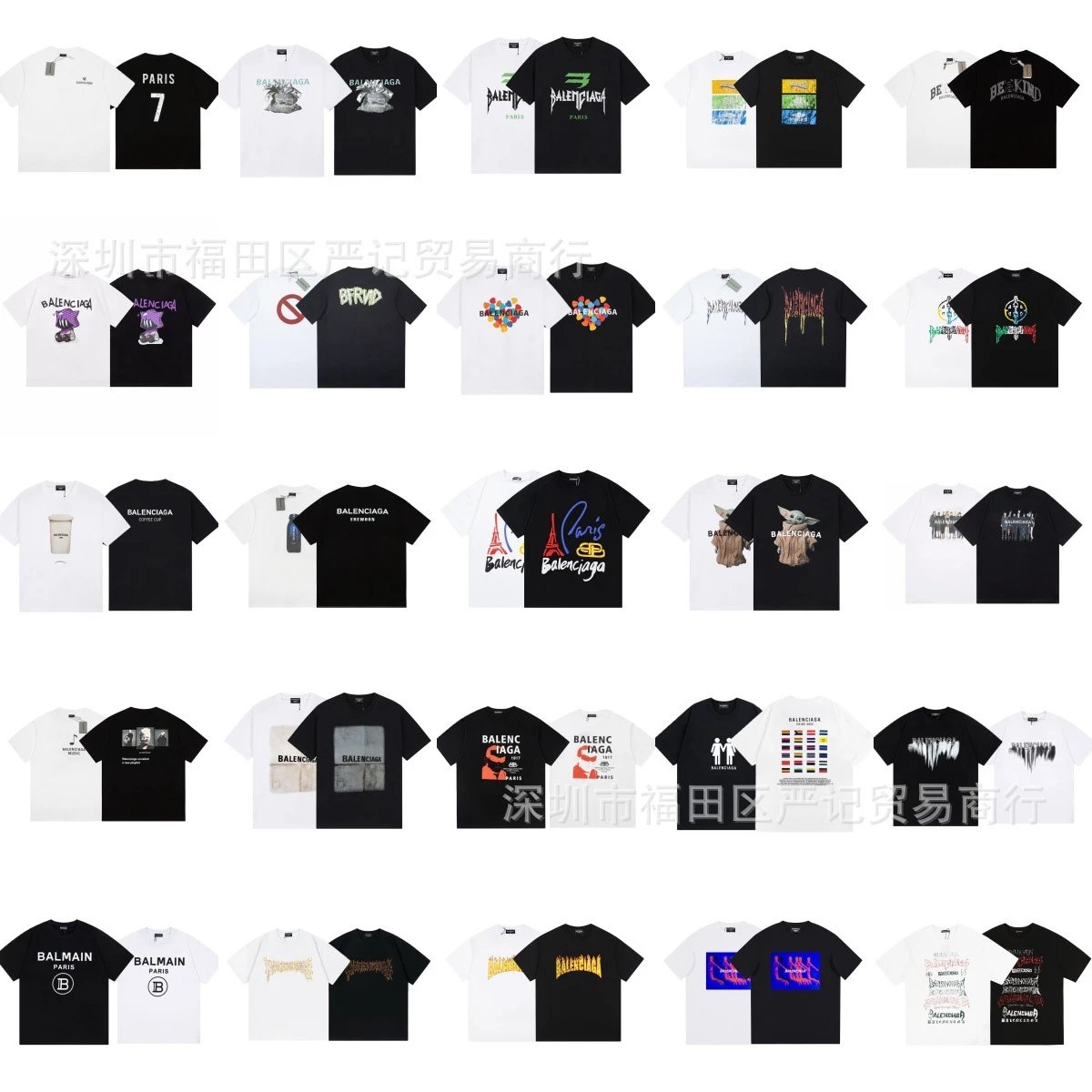 Balenciaga Printed Trendy Black and White Short Sleeve T-Shirt