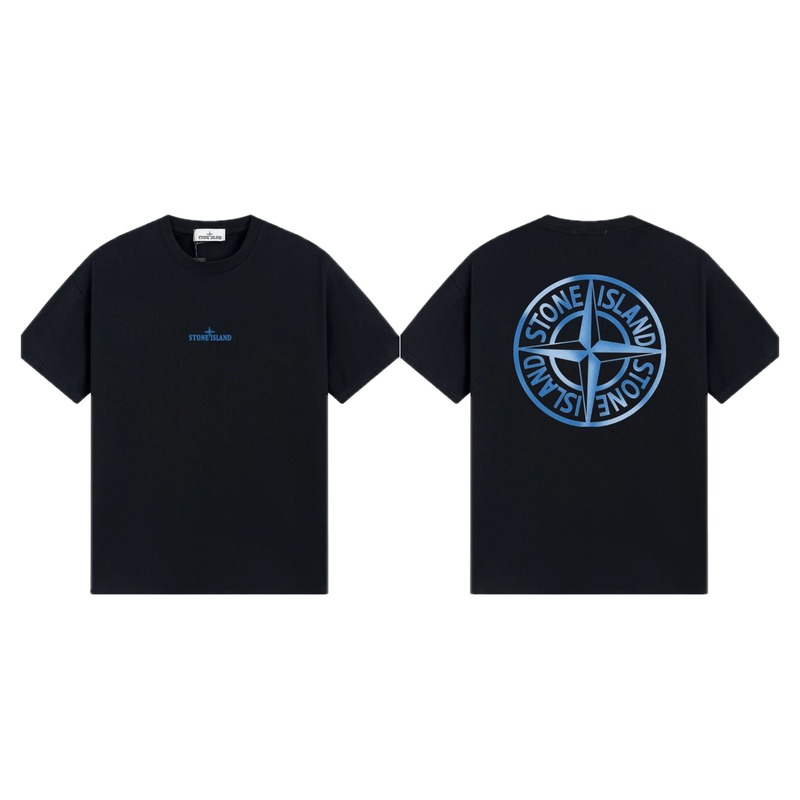 Stone Island Compass Print Street Style Black Short Sleeve T-shirt