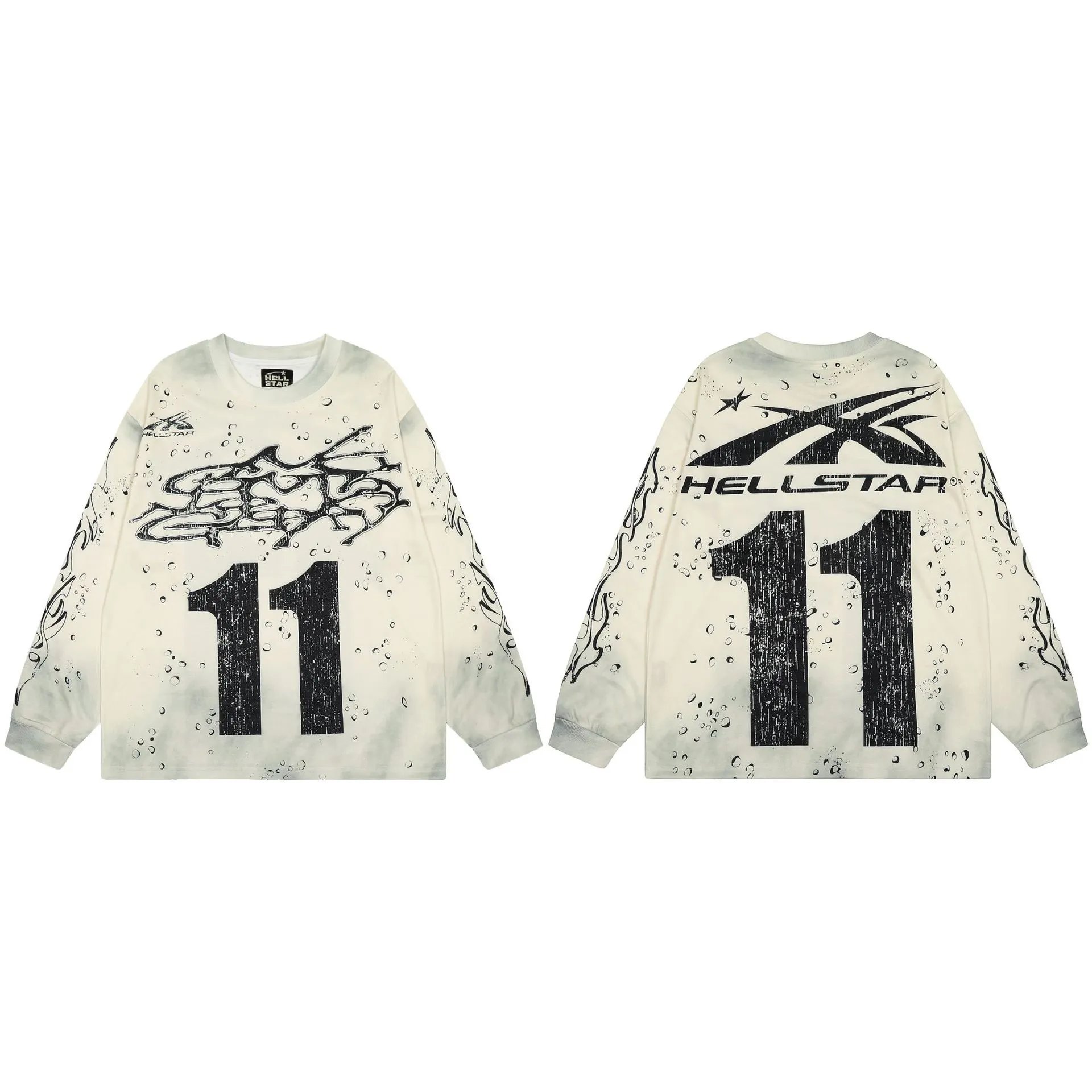 Hellstar No.11 Distressed Street Style Off-white Long Sleeve T-shirt