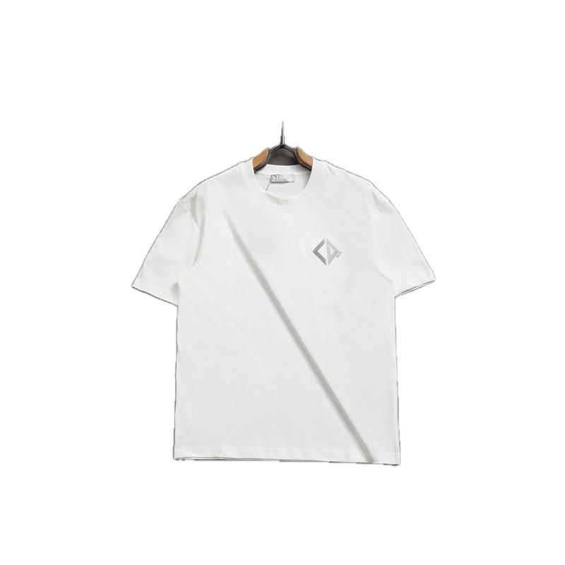 Dior Diamond Check Embroidered Minimalist Style White Short-Sleeve T-Shirt