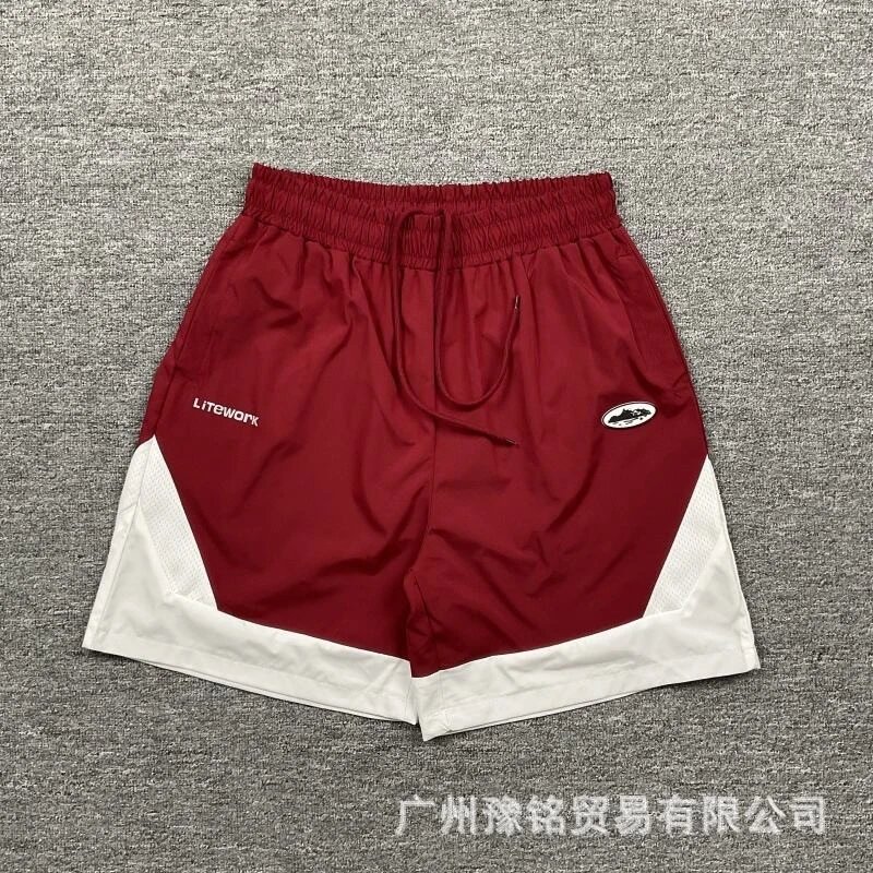 Corteiz Street Style Burgundy and White Colorblock Sports Shorts