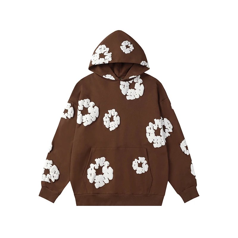 Brown Flower Pattern Hoodie Casual Layer