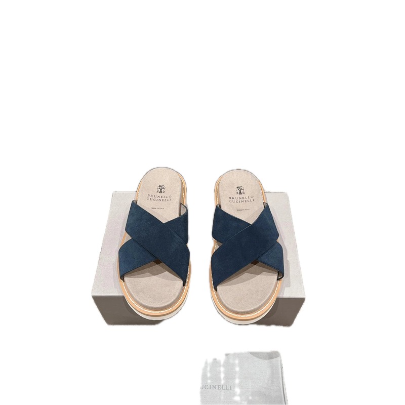 Brunello Cucinelli Minimalist Casual Navy Blue Slide Sandals