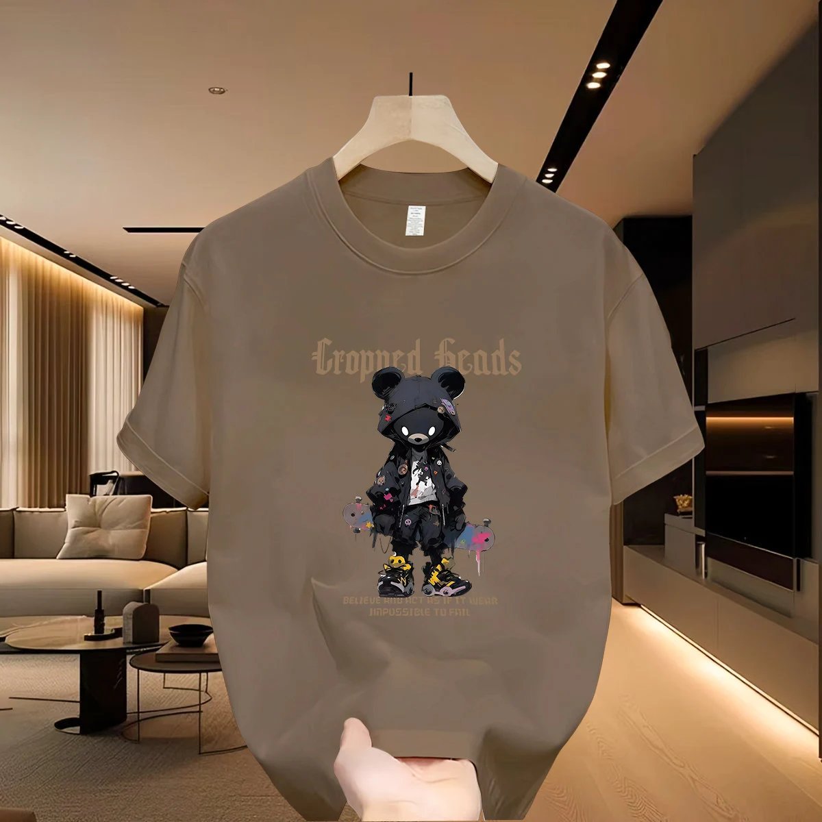 INS Streetwear Brand Skateboard Bear Street Style Khaki T-Shirt