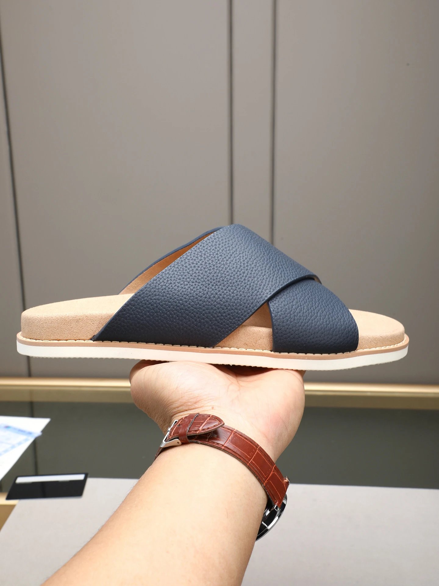 Brunello Cucinelli Casual-style Navy Blue Genuine Leather Slides