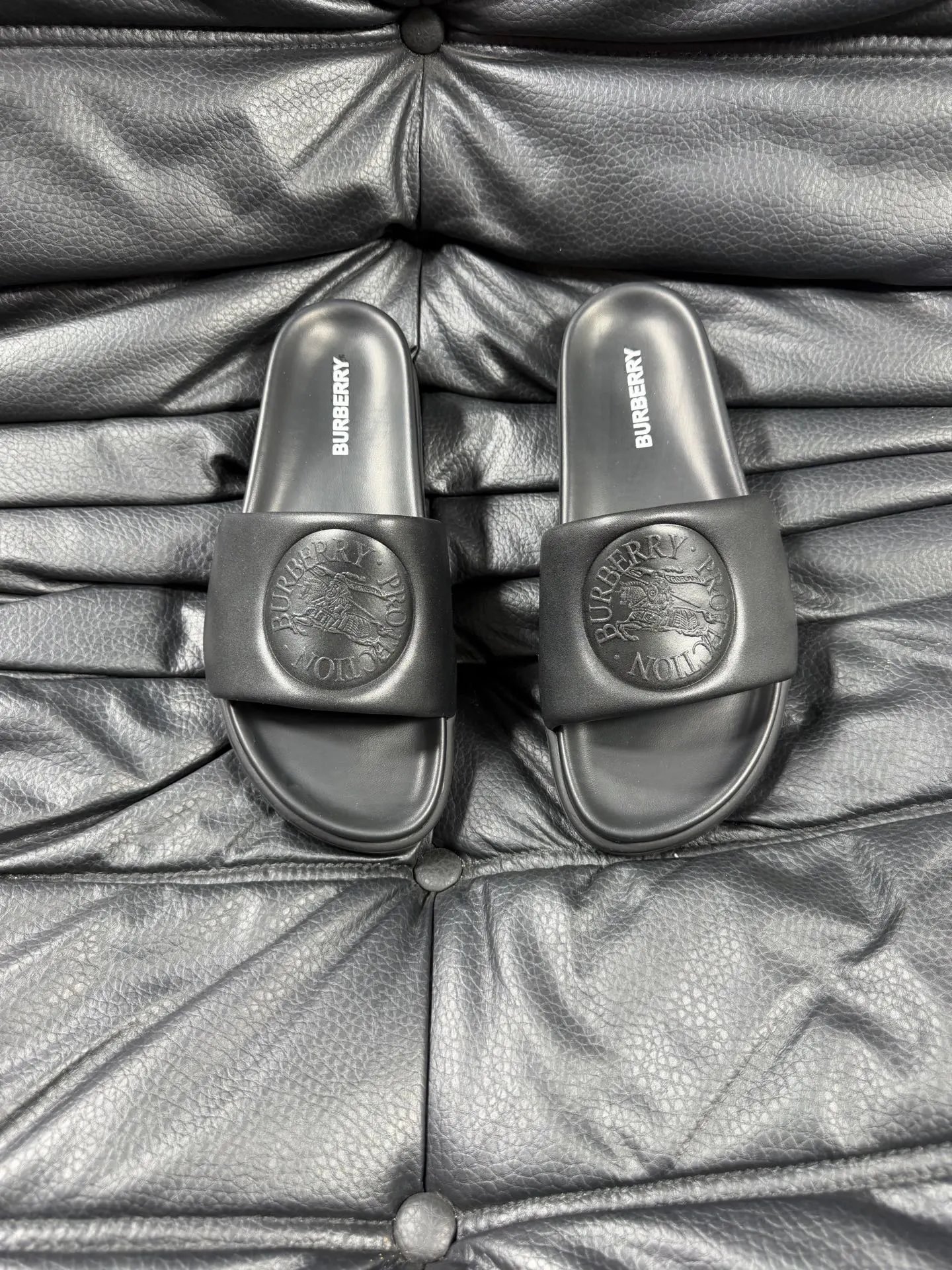 Burberry Knight-Embossed Minimalist Black Slide Sandals