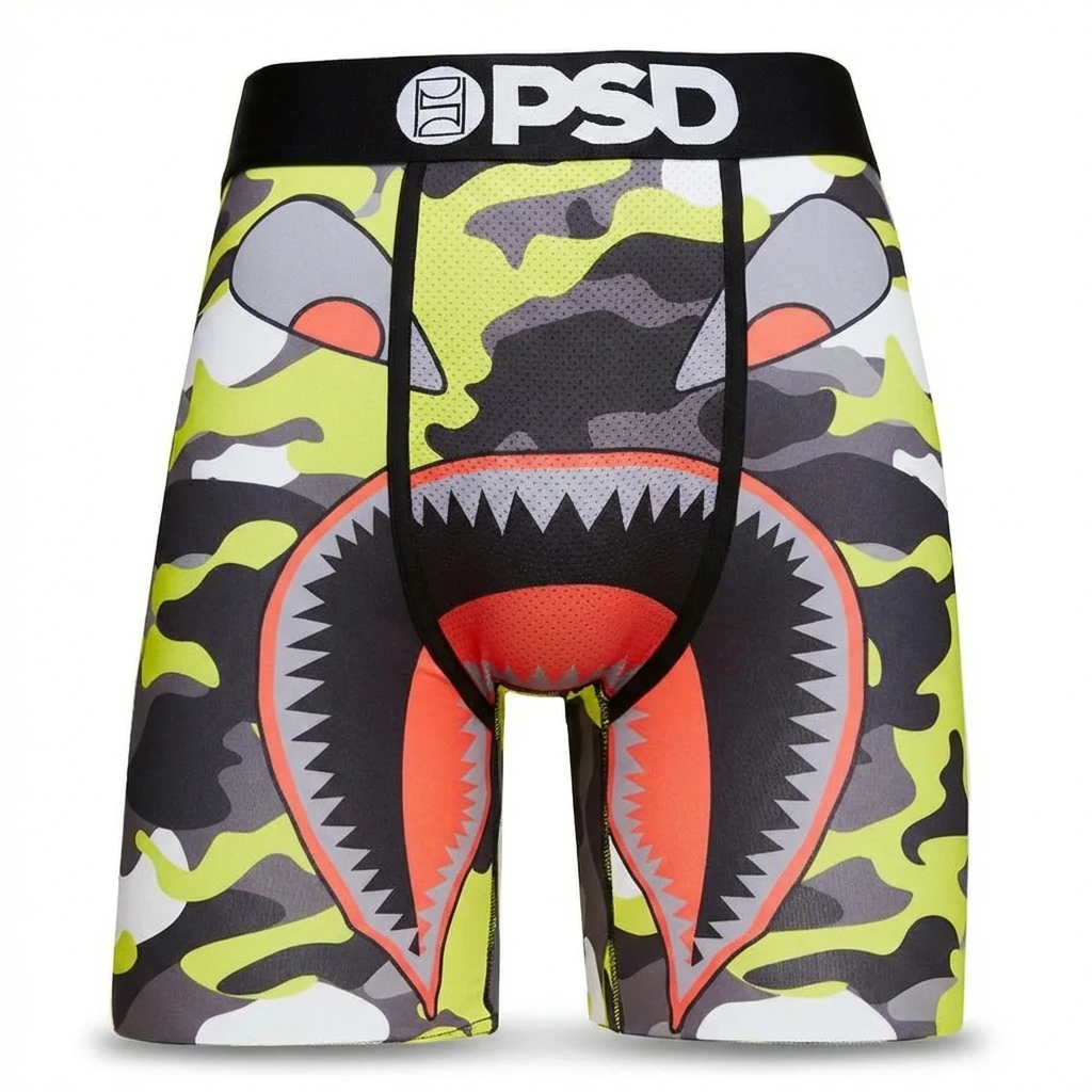PSD camouflage-style shark print shorts