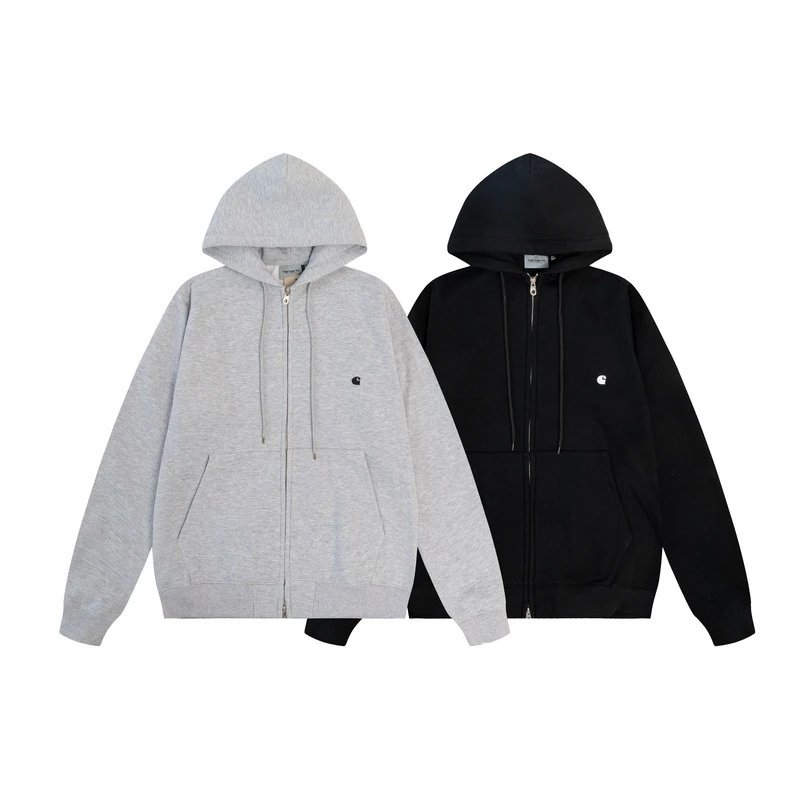 Champion Logo Zip Hoodie in Black and Heather Gray for Travel Layers