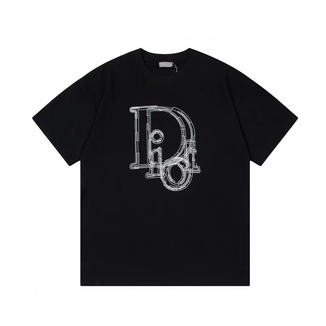 Dior Trendy Cool Line Print Black Short Sleeve T-Shirt